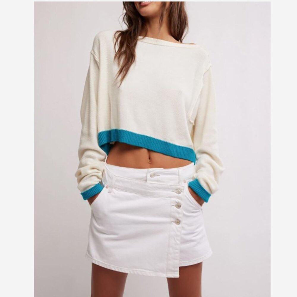 NWT Free People Into the Blue Crop Sweater in Tropical Blue Combo Size Medium